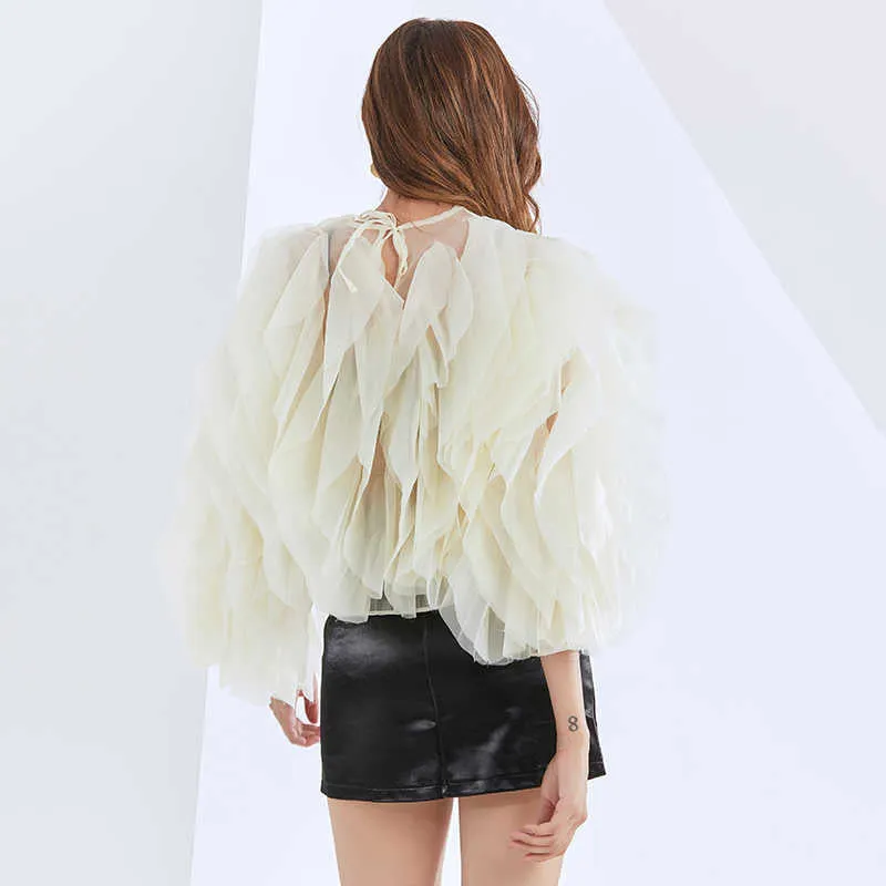 Solid Color Mesh Shirt For Women O Neck Lantern Sleeve Casual Blouse