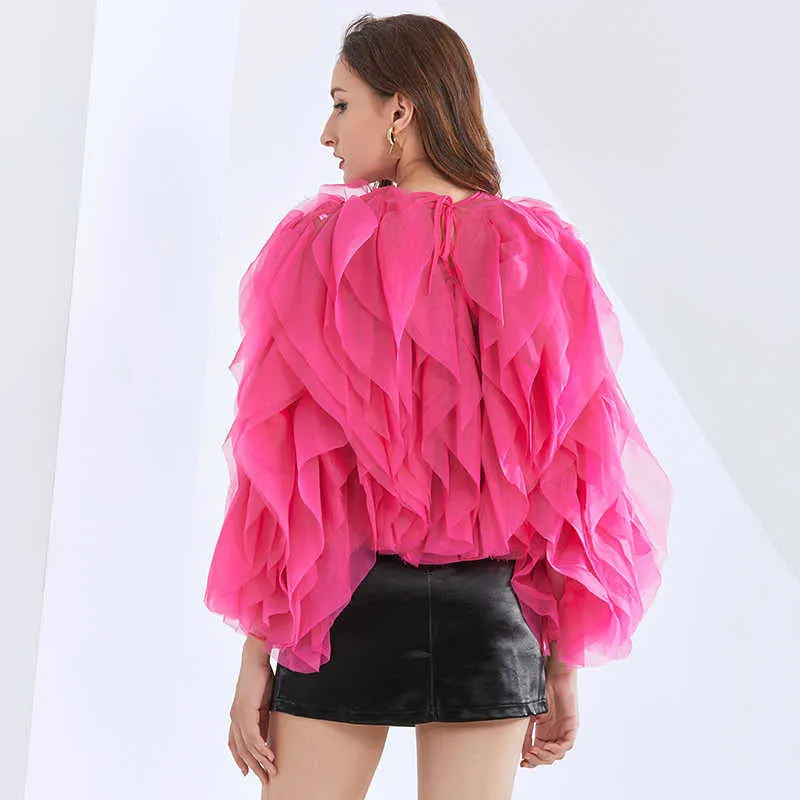 Solid Color Mesh Shirt For Women O Neck Lantern Sleeve Casual Blouse