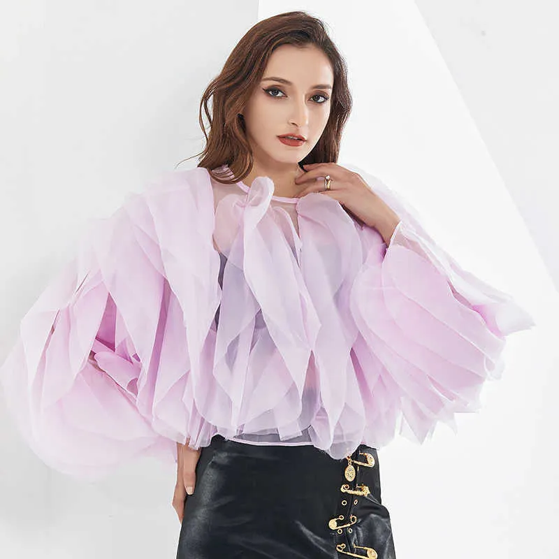 Solid Color Mesh Shirt For Women O Neck Lantern Sleeve Casual Blouse