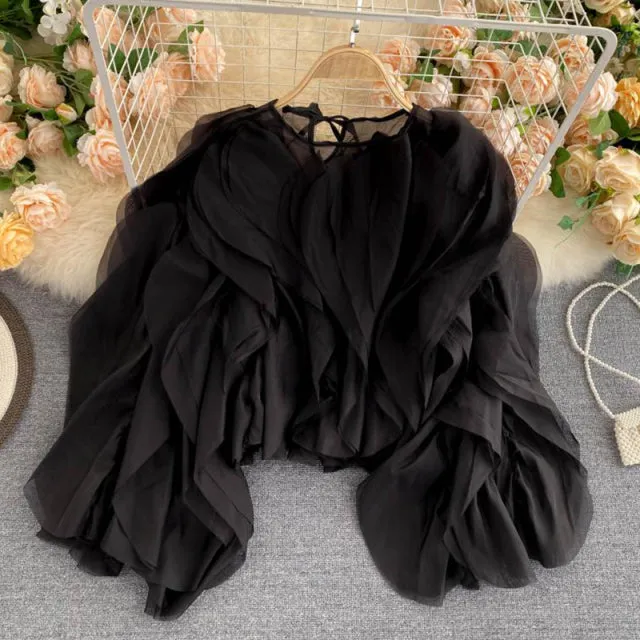Solid Color Mesh Shirt For Women O Neck Lantern Sleeve Casual Blouse