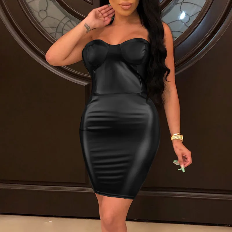 Solid Off Shoulder Zipper Design PU Leather Dress