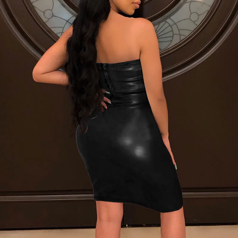 Solid Off Shoulder Zipper Design PU Leather Dress
