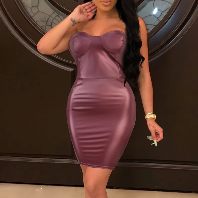 Solid Off Shoulder Zipper Design PU Leather Dress