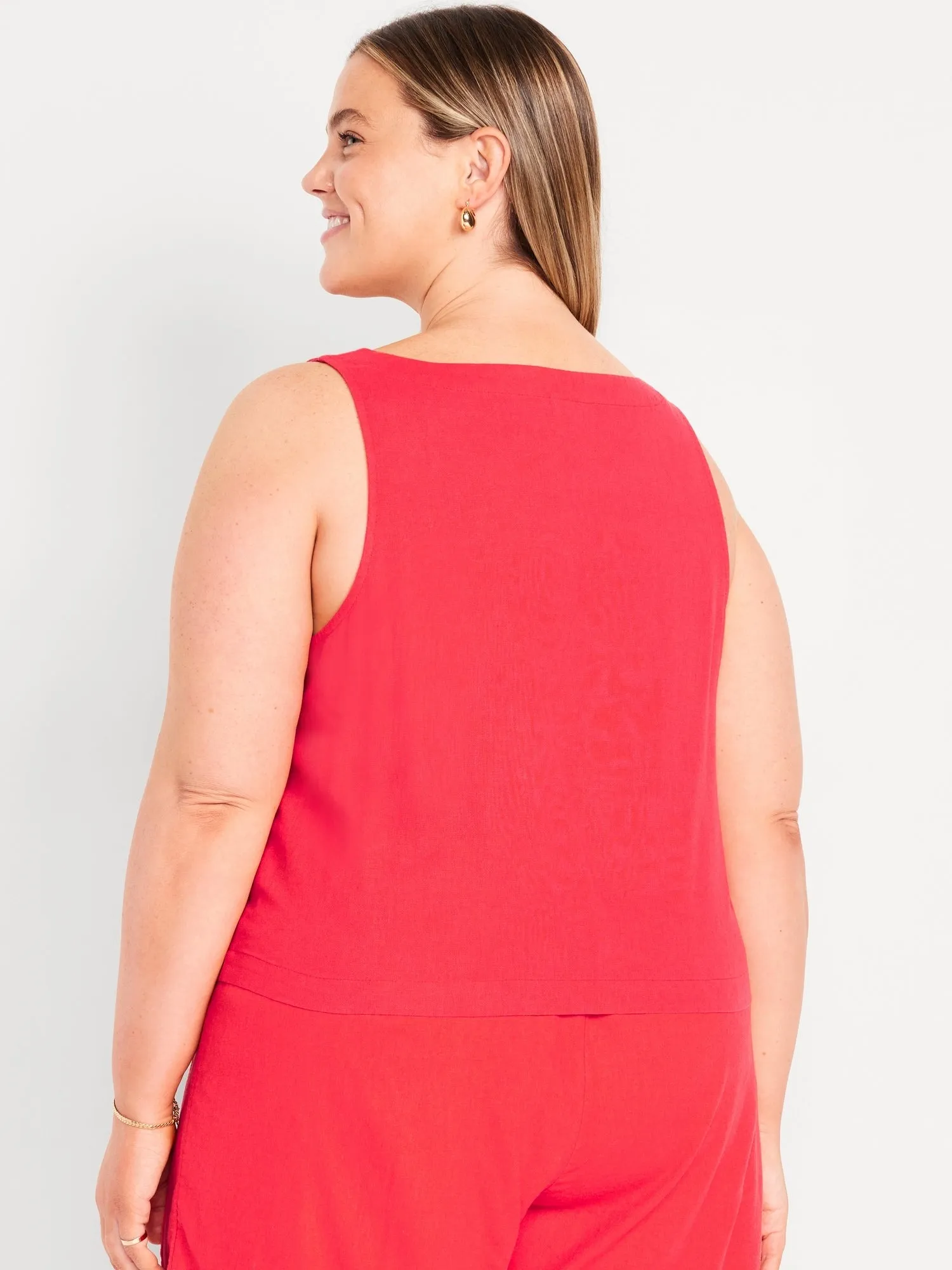 Square-Neck Linen-Blend Crop Tank Top