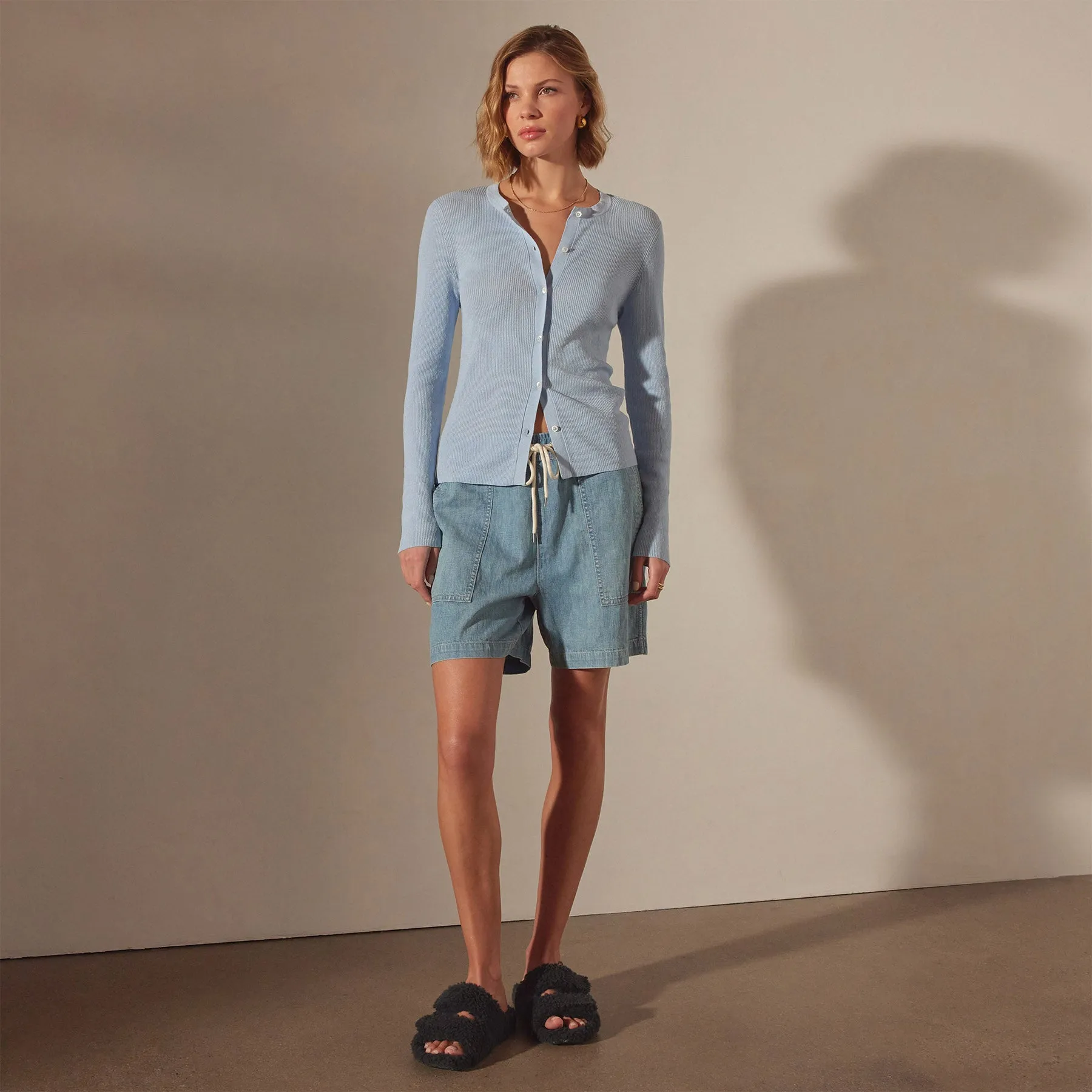 Stretch Linen Ribbed Cardigan - Bleached Blue