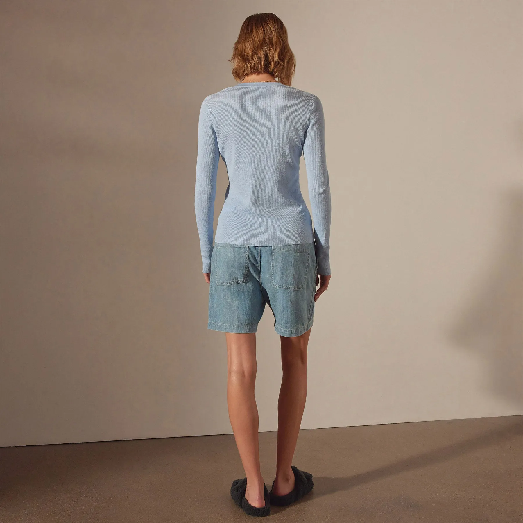 Stretch Linen Ribbed Cardigan - Bleached Blue