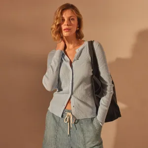 Stretch Linen Ribbed Cardigan - Bleached Blue