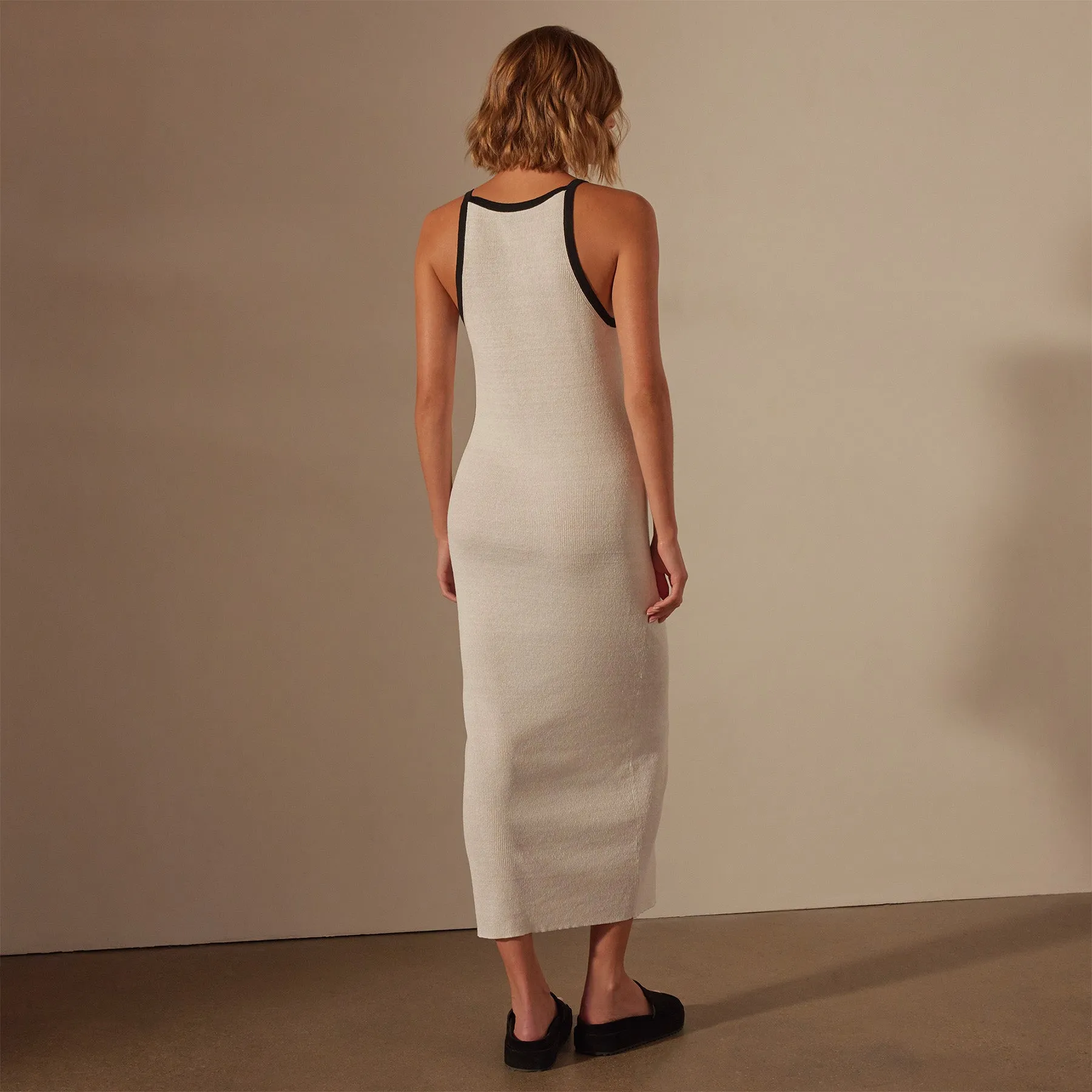 Stretch Linen Ribbed Dress - White/Black