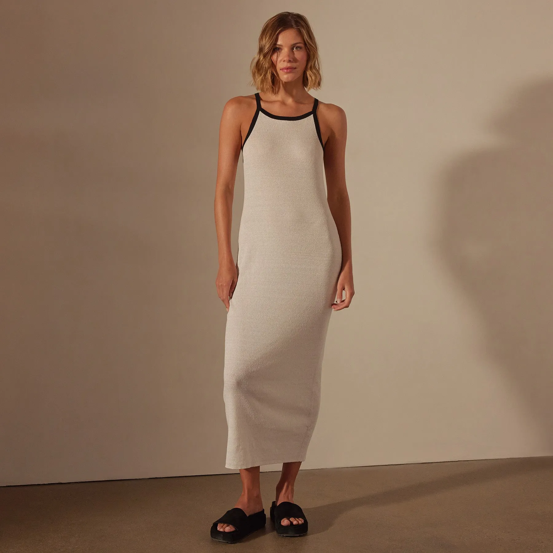 Stretch Linen Ribbed Dress - White/Black