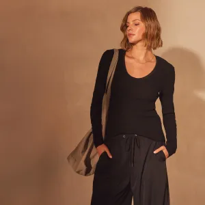 Stretch Linen Ribbed U Neck - Black
