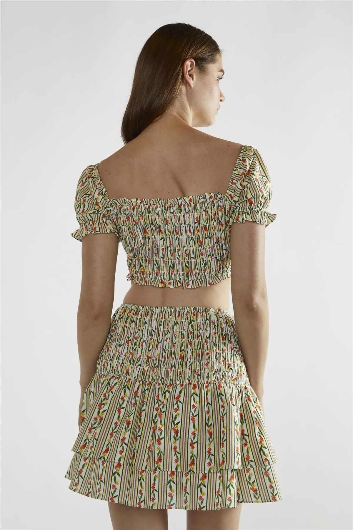 Stripe-Ditsy Linen Scoop-Neck Crop-Top