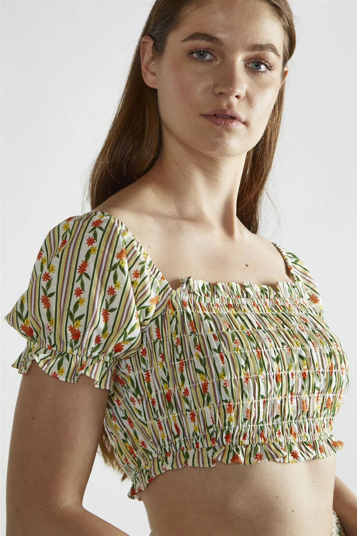 Stripe-Ditsy Linen Scoop-Neck Crop-Top