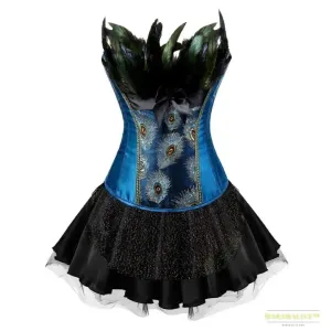 Stunning Peacock Princess Vintage Gothic Fashion Corset Dress with Skirt - Vibrant Luxury Plus Size Burlesque Costume for Women's Party Clubwear