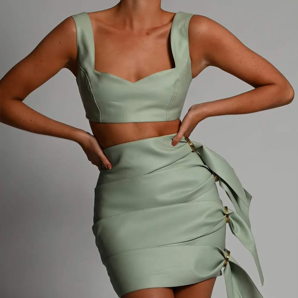 Tank Tops Skirts Leather Mini Dresses Two-piece Set