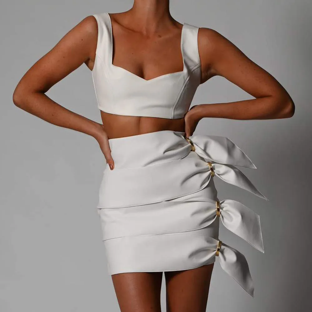 Tank Tops Skirts Leather Mini Dresses Two-piece Set