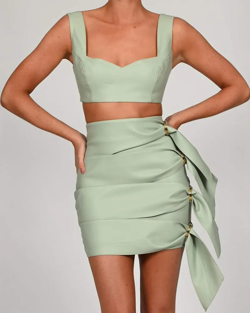 Tank Tops Skirts Leather Mini Dresses Two-piece Set