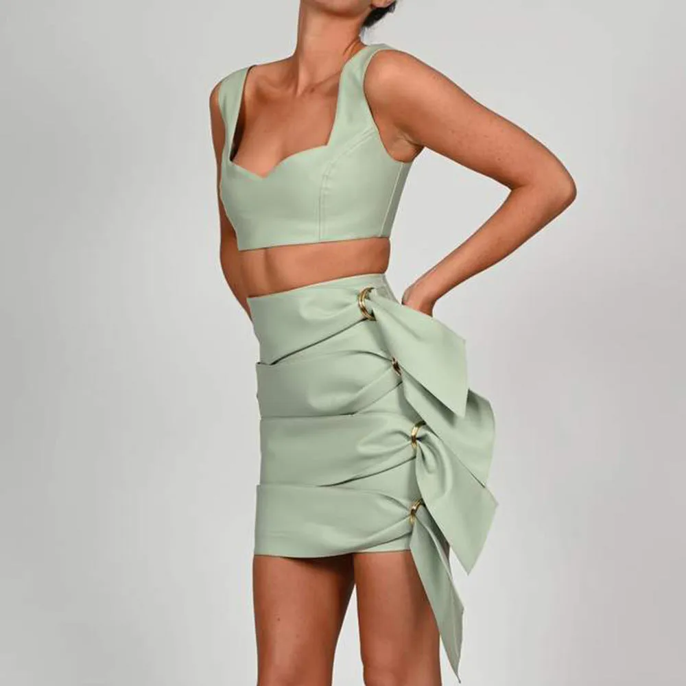 Tank Tops Skirts Leather Mini Dresses Two-piece Set