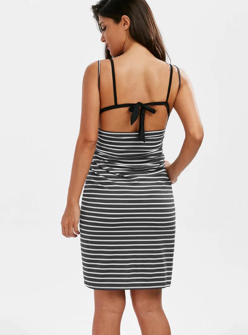 TastyHottie - Striped Dress V-neck Spaghetti Strap Women Knee-length