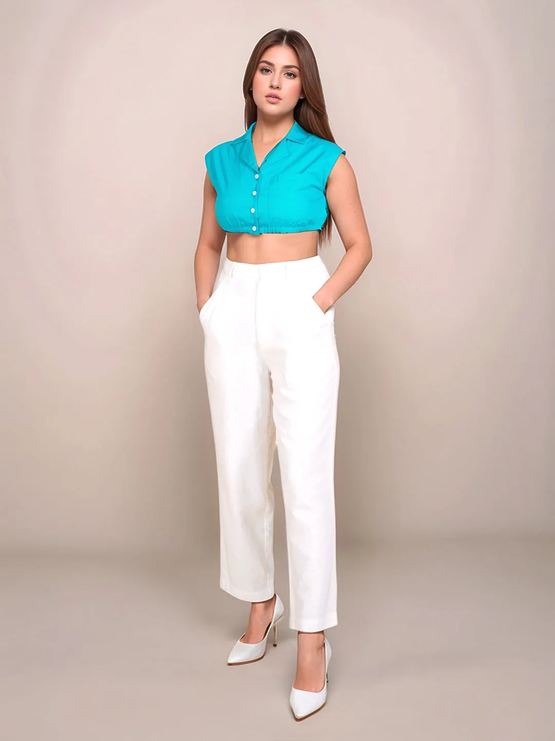 Teal Solid Sleeveless Crop Top
