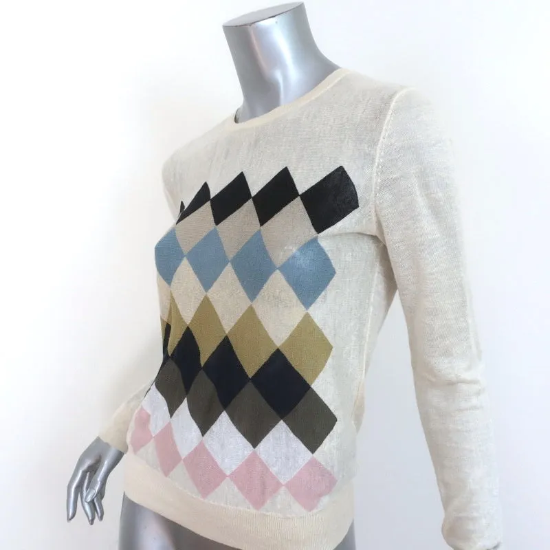Theory Argyle Intarsia Sweater Ivory Linen-Blend Size Petite Crewneck Pullover