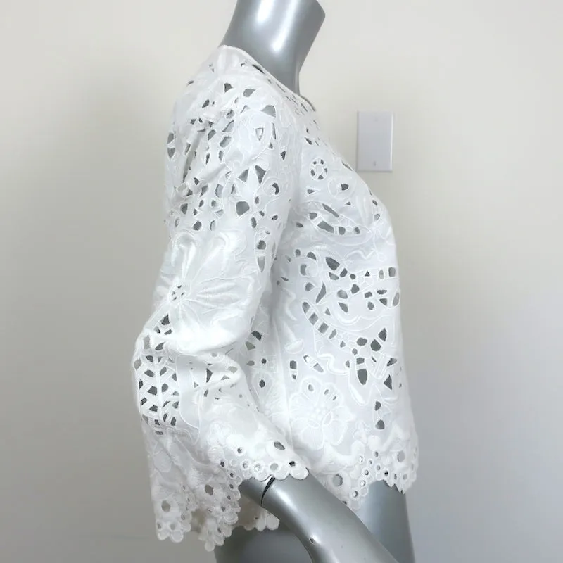 Theory Blouse Brizabela White Embroidered Linen Size Medium Bell Sleeve Top