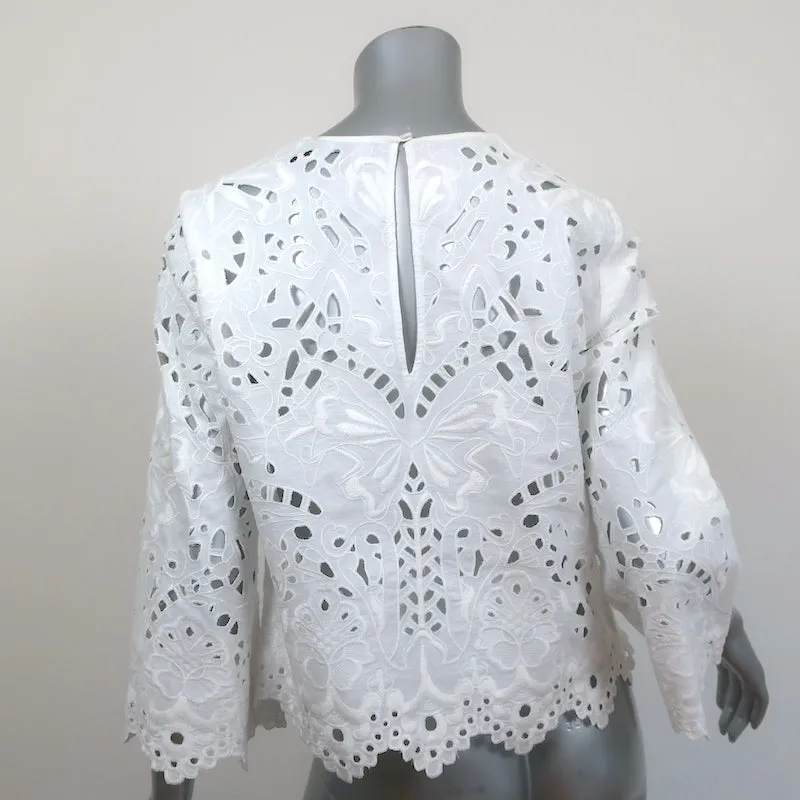 Theory Blouse Brizabela White Embroidered Linen Size Medium Bell Sleeve Top