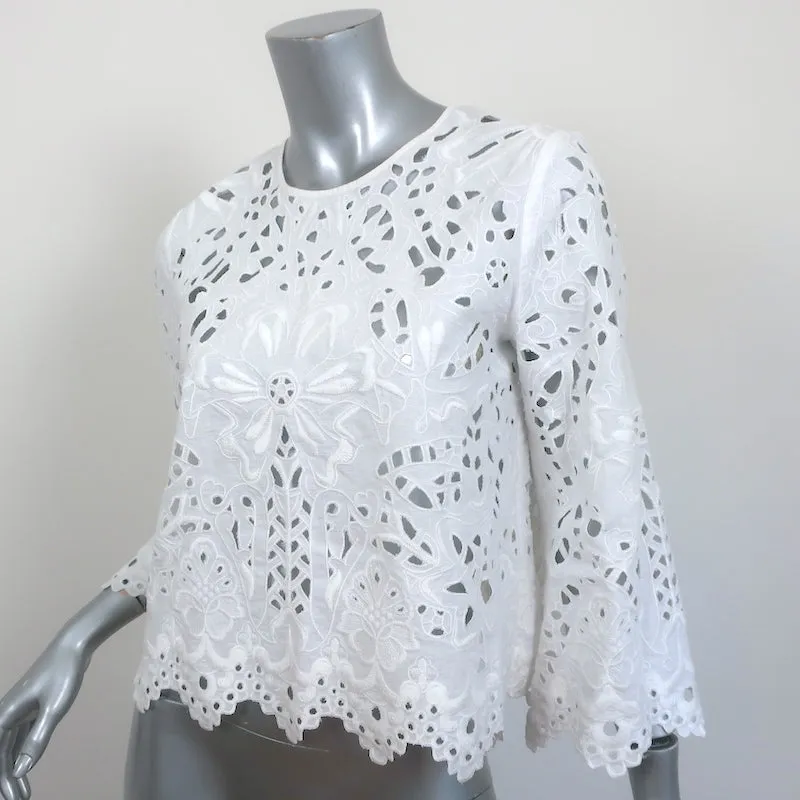 Theory Blouse Brizabela White Embroidered Linen Size Medium Bell Sleeve Top