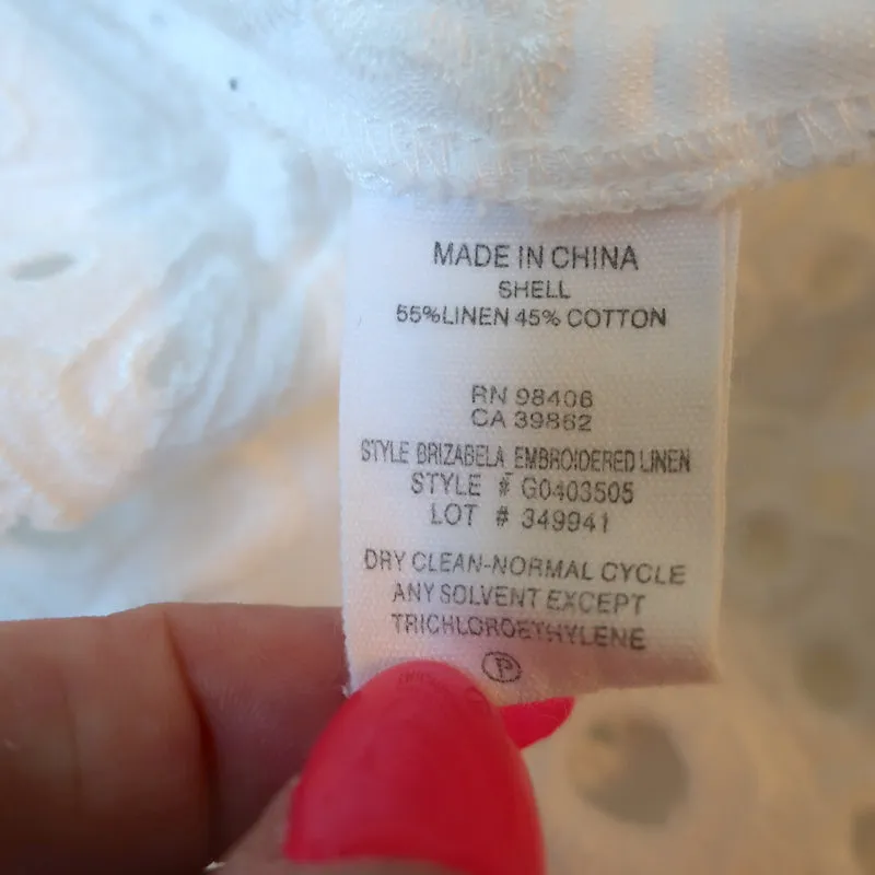Theory Blouse Brizabela White Embroidered Linen Size Medium Bell Sleeve Top