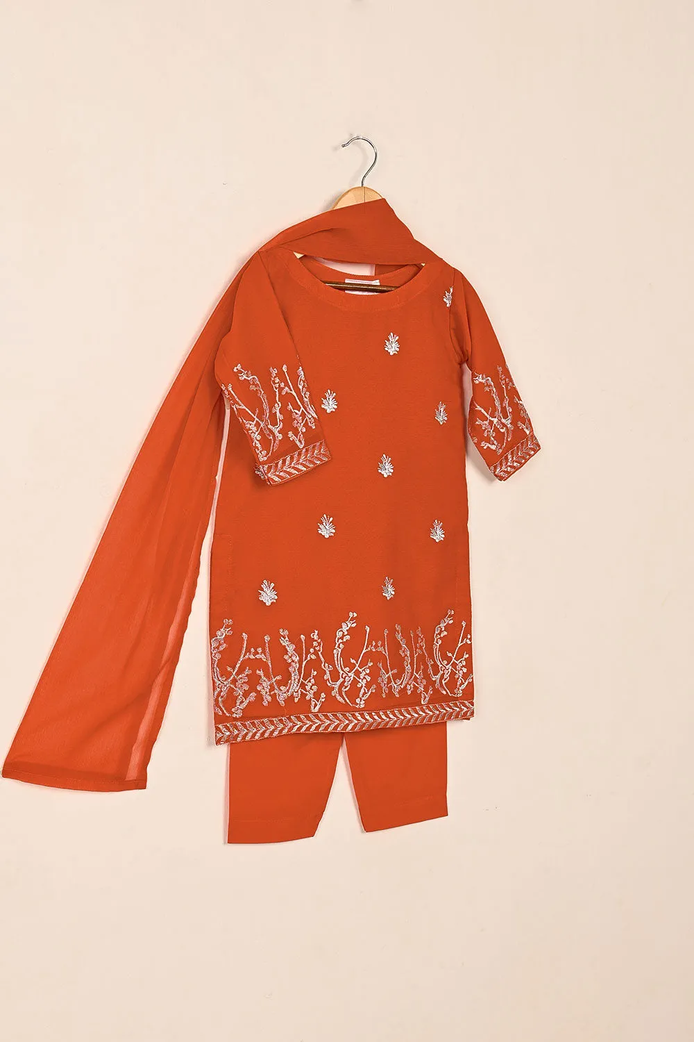 TKF-145-Orange - Kids 3Pc Chiffon Embroidered Formal Dress