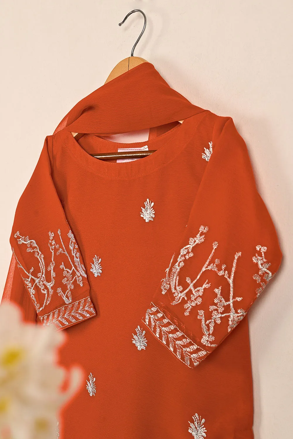 TKF-145-Orange - Kids 3Pc Chiffon Embroidered Formal Dress