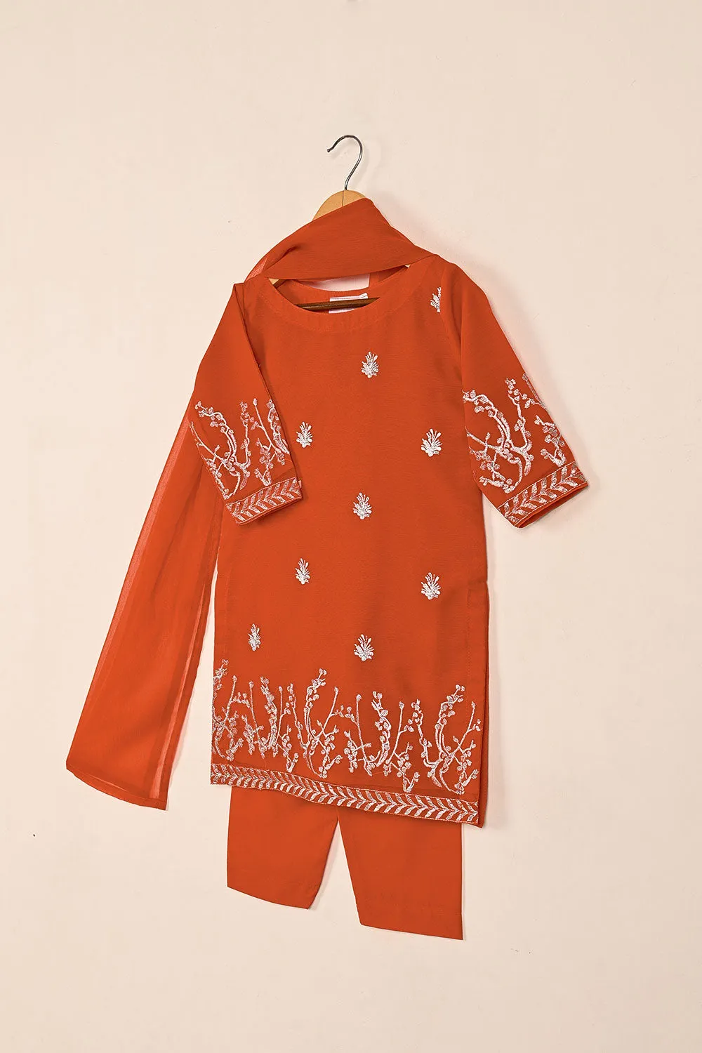 TKF-145-Orange - Kids 3Pc Chiffon Embroidered Formal Dress