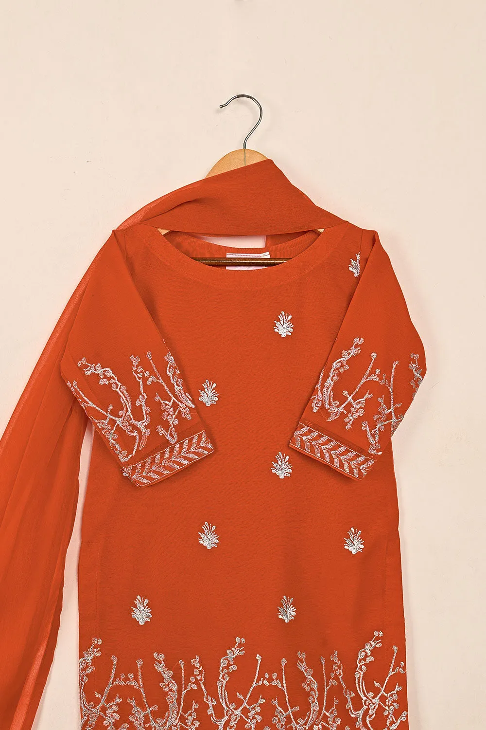 TKF-145-Orange - Kids 3Pc Chiffon Embroidered Formal Dress