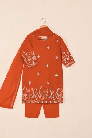 TKF-145-Orange - Kids 3Pc Chiffon Embroidered Formal Dress