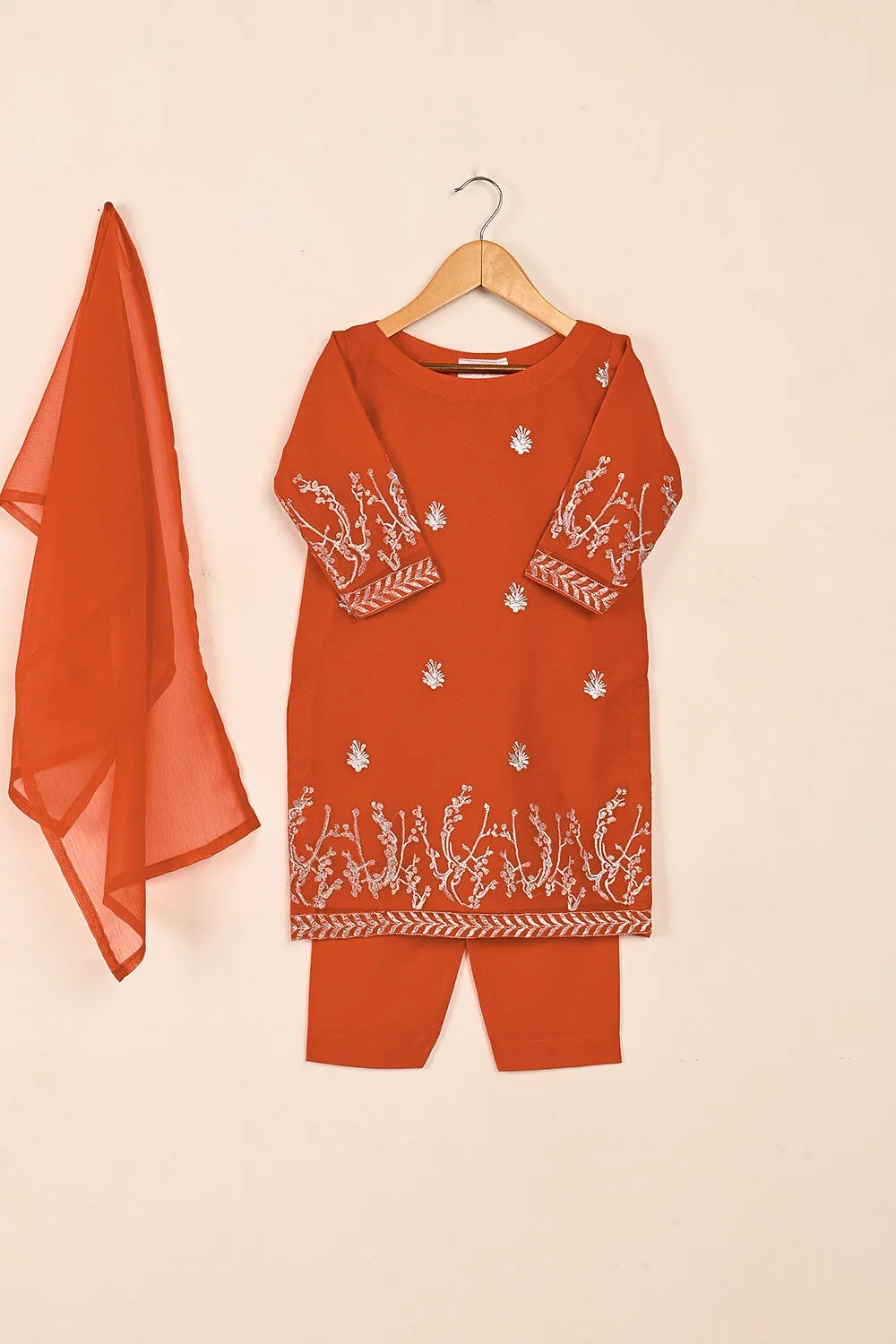 TKF-145-Orange - Kids 3Pc Chiffon Embroidered Formal Dress