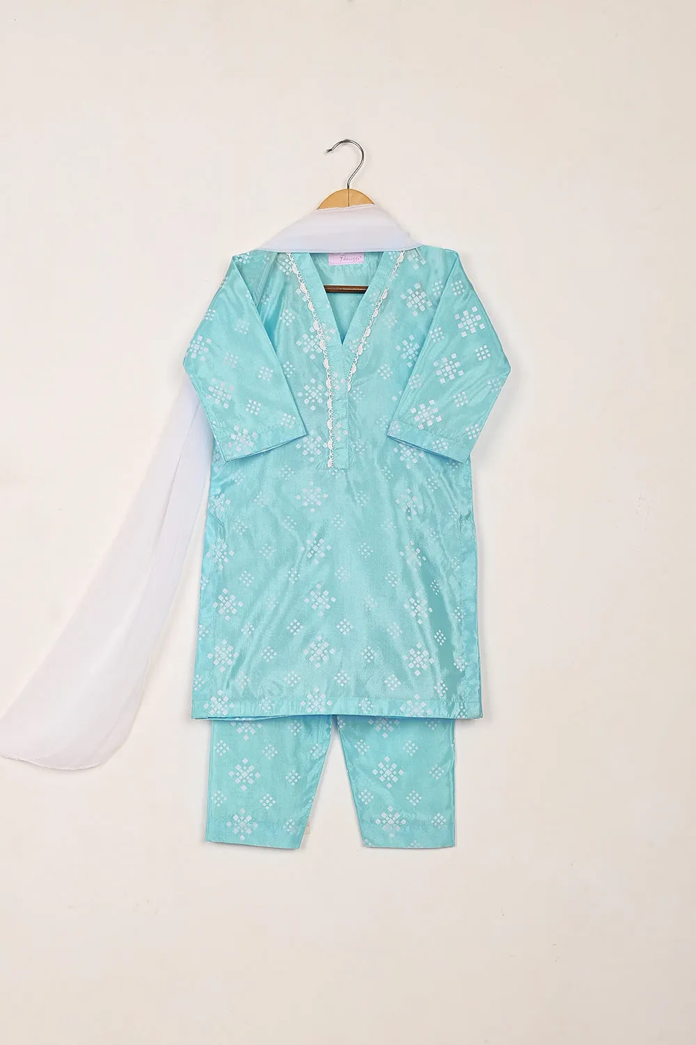 TKF-253-Sky Blue - Kids 3Pc Ready to Wear Silk Printed Dress