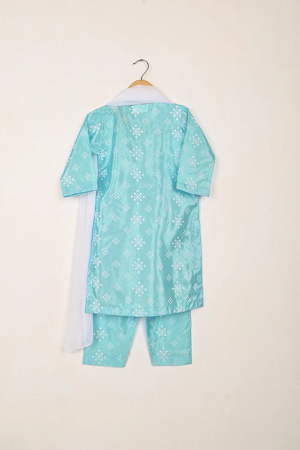 TKF-253-Sky Blue - Kids 3Pc Ready to Wear Silk Printed Dress