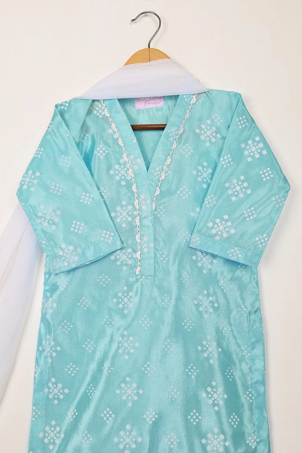 TKF-253-Sky Blue - Kids 3Pc Ready to Wear Silk Printed Dress