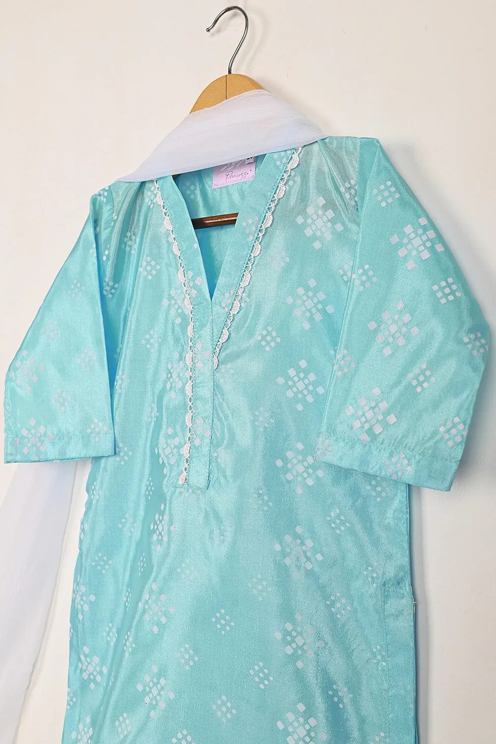 TKF-253-Sky Blue - Kids 3Pc Ready to Wear Silk Printed Dress