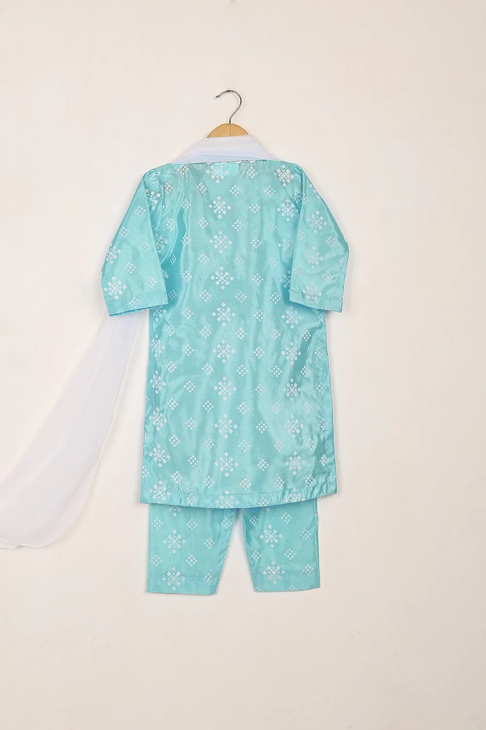 TKF-253-Sky Blue - Kids 3Pc Ready to Wear Silk Printed Dress