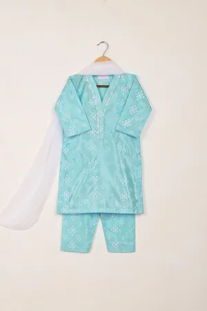 TKF-253-Sky Blue - Kids 3Pc Ready to Wear Silk Printed Dress