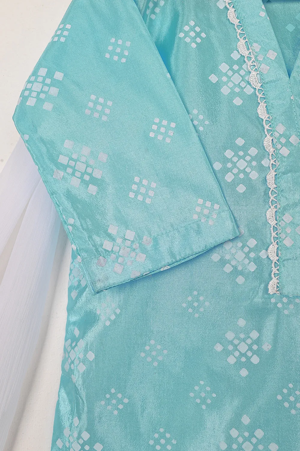 TKF-253-Sky Blue - Kids 3Pc Ready to Wear Silk Printed Dress