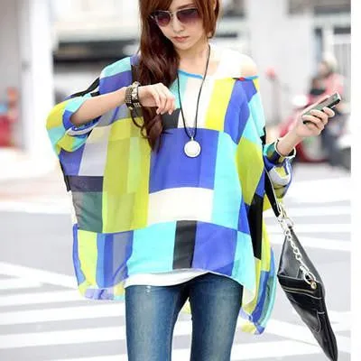 Tops Plus Size Women Clothing Style Batwing Sleeve Women Blouses Floral Print Women's Chiffon Shirts