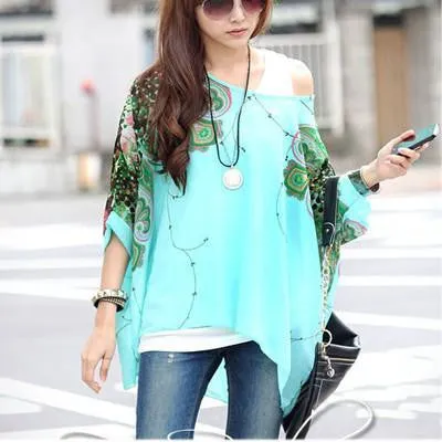Tops Plus Size Women Clothing Style Batwing Sleeve Women Blouses Floral Print Women's Chiffon Shirts