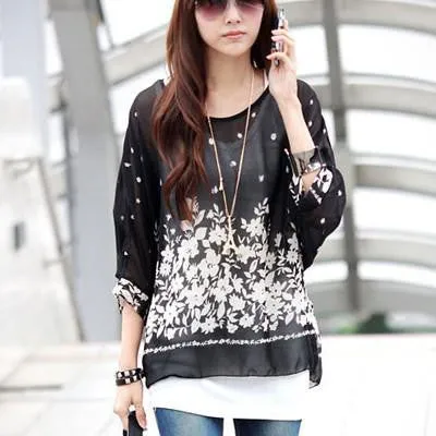 Tops Plus Size Women Clothing Style Batwing Sleeve Women Blouses Floral Print Women's Chiffon Shirts