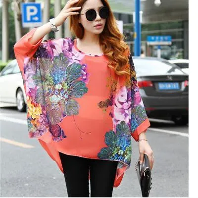 Tops Plus Size Women Clothing Style Batwing Sleeve Women Blouses Floral Print Women's Chiffon Shirts