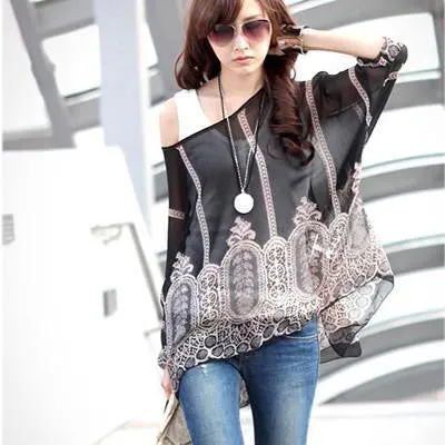 Tops Plus Size Women Clothing Style Batwing Sleeve Women Blouses Floral Print Women's Chiffon Shirts