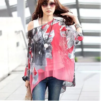 Tops Plus Size Women Clothing Style Batwing Sleeve Women Blouses Floral Print Women's Chiffon Shirts