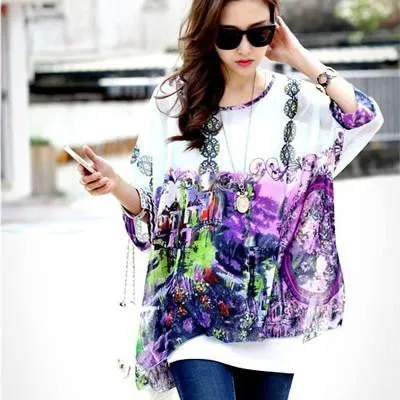 Tops Plus Size Women Clothing Style Batwing Sleeve Women Blouses Floral Print Women's Chiffon Shirts