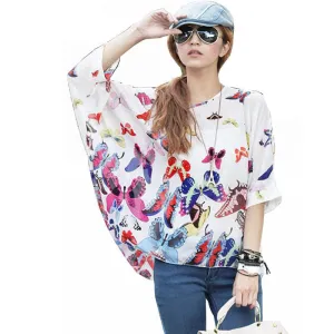 Tops Plus Size Women Clothing Style Batwing Sleeve Women Blouses Floral Print Women's Chiffon Shirts