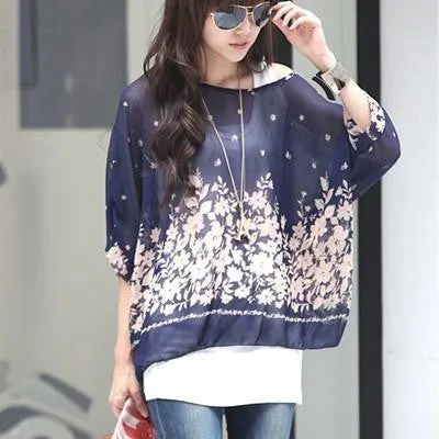 Tops Plus Size Women Clothing Style Batwing Sleeve Women Blouses Floral Print Women's Chiffon Shirts